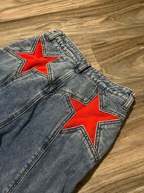 Source Unknown Women's Blue Denim Flare Jeans with Red Star Patches